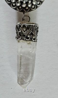 Vintage 925 Sterling Silver Blue Glass Cabochon Pendant with Clear Quartz Point