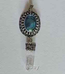 Vintage 925 Sterling Silver Blue Glass Cabochon Pendant with Clear Quartz Point