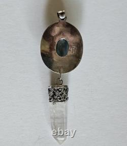 Vintage 925 Sterling Silver Blue Glass Cabochon Pendant with Clear Quartz Point