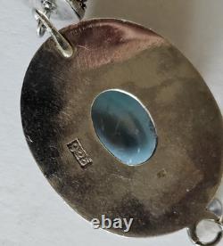 Vintage 925 Sterling Silver Blue Glass Cabochon Pendant with Clear Quartz Point