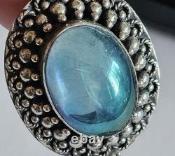 Vintage 925 Sterling Silver Blue Glass Cabochon Pendant with Clear Quartz Point