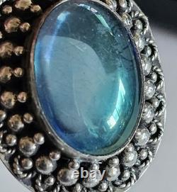 Vintage 925 Sterling Silver Blue Glass Cabochon Pendant with Clear Quartz Point