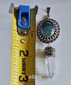 Vintage 925 Sterling Silver Blue Glass Cabochon Pendant with Clear Quartz Point