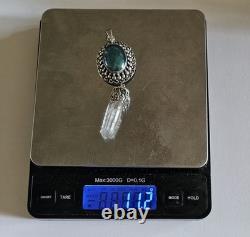Vintage 925 Sterling Silver Blue Glass Cabochon Pendant with Clear Quartz Point