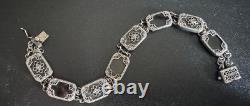Vintage 925 Sterling Silver Camphor Glass, Black Onyx, & Diamond Bracelet 7.5
