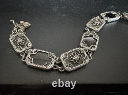 Vintage 925 Sterling Silver Camphor Glass, Black Onyx, & Diamond Bracelet 7.5