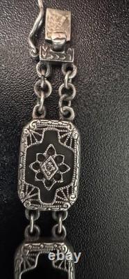 Vintage 925 Sterling Silver Camphor Glass, Black Onyx, & Diamond Bracelet 7.5