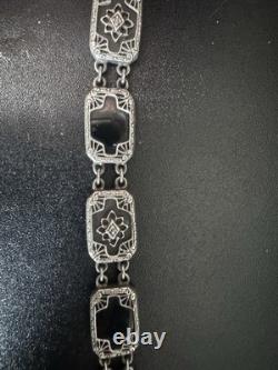 Vintage 925 Sterling Silver Camphor Glass, Black Onyx, & Diamond Bracelet 7.5