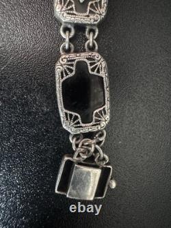 Vintage 925 Sterling Silver Camphor Glass, Black Onyx, & Diamond Bracelet 7.5
