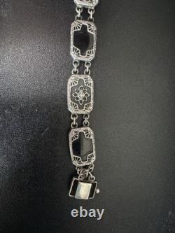 Vintage 925 Sterling Silver Camphor Glass, Black Onyx, & Diamond Bracelet 7.5