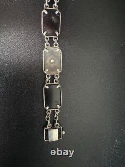 Vintage 925 Sterling Silver Camphor Glass, Black Onyx, & Diamond Bracelet 7.5