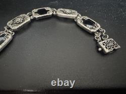 Vintage 925 Sterling Silver Camphor Glass, Black Onyx, & Diamond Bracelet 7.5