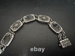 Vintage 925 Sterling Silver Camphor Glass, Black Onyx, & Diamond Bracelet 7.5