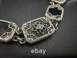 Vintage 925 Sterling Silver Camphor Glass, Black Onyx, & Diamond Bracelet 7.5