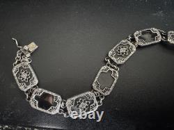 Vintage 925 Sterling Silver Camphor Glass, Black Onyx, & Diamond Bracelet 7.5