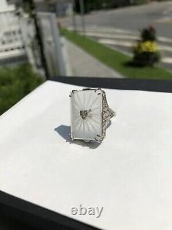 Vintage 925 Sterling Silver Camphor Glass Ring Filigree Diamond Heart Center