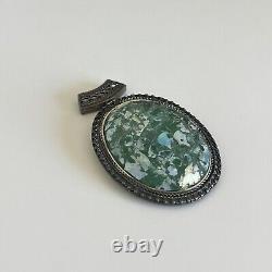 Vintage 925 Sterling Silver Israel Signed Large Oval Green Roman Glass Pendant