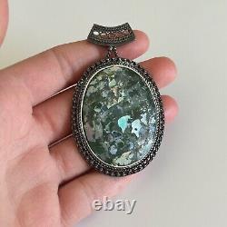 Vintage 925 Sterling Silver Israel Signed Large Oval Green Roman Glass Pendant