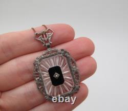 Vintage 925 Sterling Silver Marcasite Onyx Camphor Glass Curb Chain Necklace