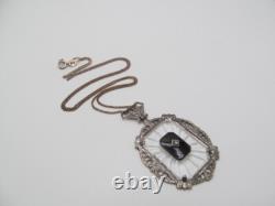 Vintage 925 Sterling Silver Marcasite Onyx Camphor Glass Curb Chain Necklace