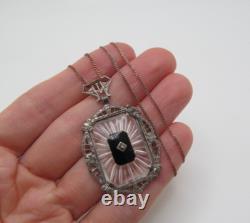 Vintage 925 Sterling Silver Marcasite Onyx Camphor Glass Curb Chain Necklace