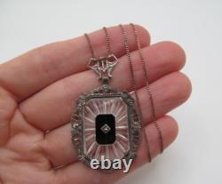 Vintage 925 Sterling Silver Marcasite Onyx Camphor Glass Curb Chain Necklace