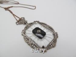 Vintage 925 Sterling Silver Marcasite Onyx Camphor Glass Curb Chain Necklace