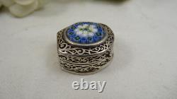 Vintage 925 Sterling Silver Pill Box Murano Millefiori Glass Hinged Lid