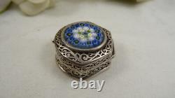 Vintage 925 Sterling Silver Pill Box Murano Millefiori Glass Hinged Lid