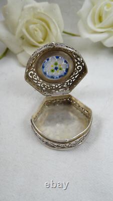 Vintage 925 Sterling Silver Pill Box Murano Millefiori Glass Hinged Lid