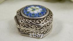 Vintage 925 Sterling Silver Pill Box Murano Millefiori Glass Hinged Lid