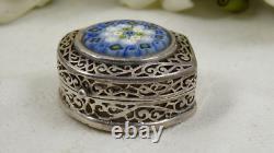 Vintage 925 Sterling Silver Pill Box Murano Millefiori Glass Hinged Lid