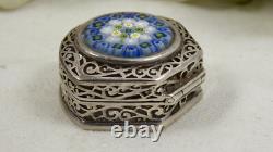 Vintage 925 Sterling Silver Pill Box Murano Millefiori Glass Hinged Lid