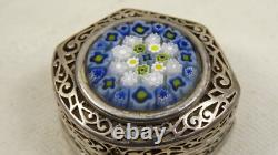 Vintage 925 Sterling Silver Pill Box Murano Millefiori Glass Hinged Lid