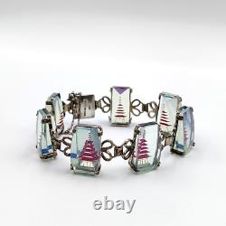 Vintage 950 Sterling Silver AB Glass Intaglio Etched Red Pagoda Bracelet 7.5