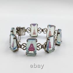 Vintage 950 Sterling Silver AB Glass Intaglio Etched Red Pagoda Bracelet 7.5