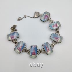 Vintage 950 Sterling Silver AB Glass Intaglio Etched Red Pagoda Bracelet 7.5