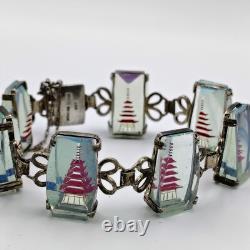 Vintage 950 Sterling Silver AB Glass Intaglio Etched Red Pagoda Bracelet 7.5