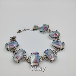Vintage 950 Sterling Silver AB Glass Intaglio Etched Red Pagoda Bracelet 7.5