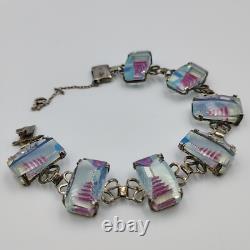 Vintage 950 Sterling Silver AB Glass Intaglio Etched Red Pagoda Bracelet 7.5