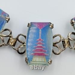 Vintage 950 Sterling Silver AB Glass Intaglio Etched Red Pagoda Bracelet 7.5