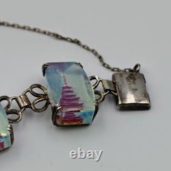 Vintage 950 Sterling Silver AB Glass Intaglio Etched Red Pagoda Bracelet 7.5