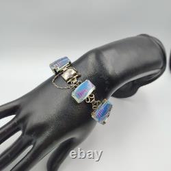 Vintage 950 Sterling Silver AB Glass Intaglio Etched Red Pagoda Bracelet 7.5