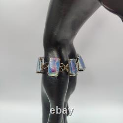 Vintage 950 Sterling Silver AB Glass Intaglio Etched Red Pagoda Bracelet 7.5