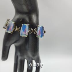 Vintage 950 Sterling Silver AB Glass Intaglio Etched Red Pagoda Bracelet 7.5