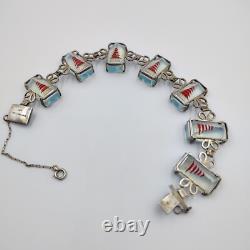 Vintage 950 Sterling Silver AB Glass Intaglio Etched Red Pagoda Bracelet 7.5