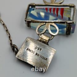 Vintage 950 Sterling Silver AB Glass Intaglio Etched Red Pagoda Bracelet 7.5