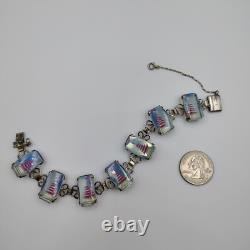 Vintage 950 Sterling Silver AB Glass Intaglio Etched Red Pagoda Bracelet 7.5