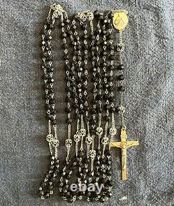 Vintage AFCO Sterling Silver 15 Decade/ Mysteries Black Faceted Glass 50 Rosary