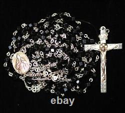 Vintage AFCO Sterling Silver 15 Decade/ Mysteries Black Faceted Glass 50 Rosary